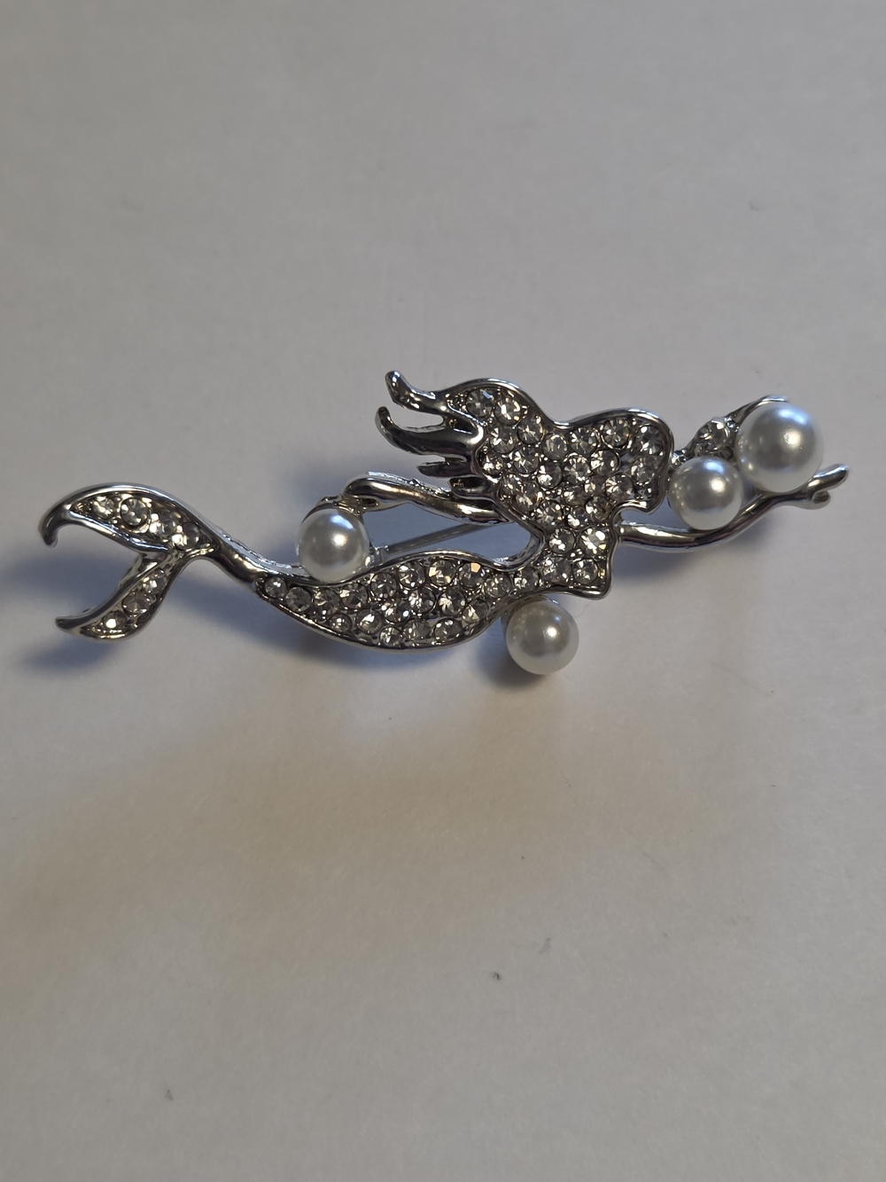 Silver-Tone Pave-Set Rhinestone and Faux Pearl Mermaid Brooch